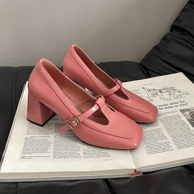 Retro fashion high heels women's square head Mary Jane shoes summer new shoes buckle thick heel light mouth middle heel shoes single shoes