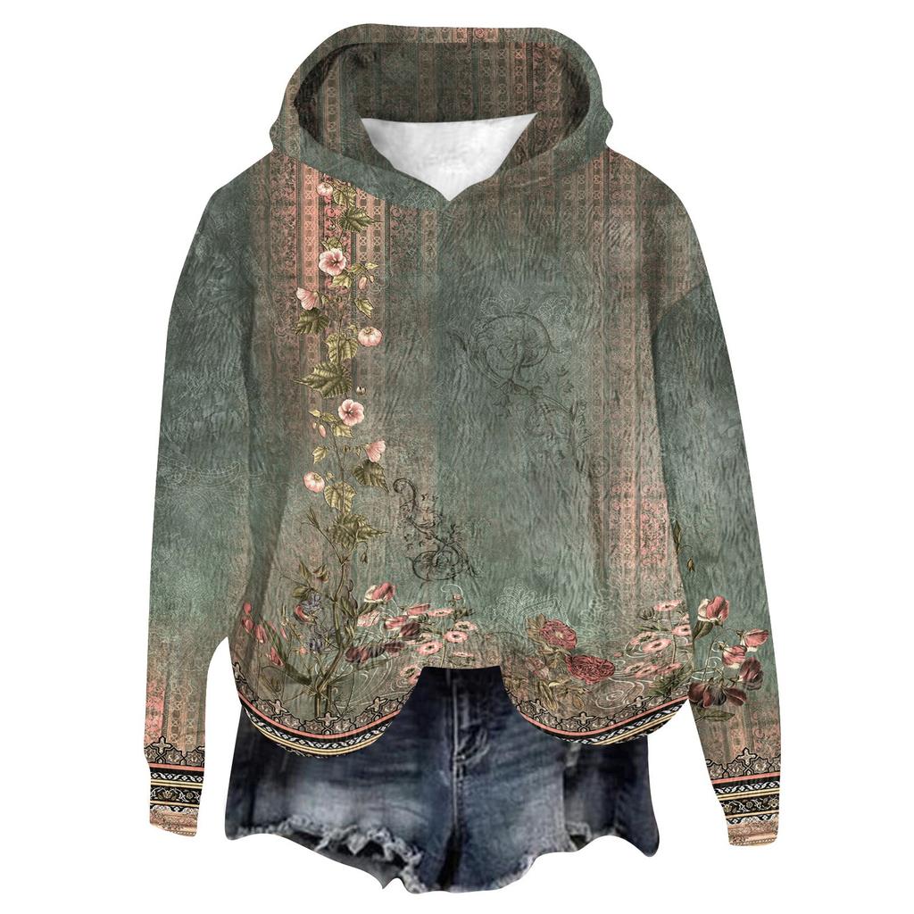 Women's Hooded Long Sleeve Printed Flannel Top Hooded Sweatshirt