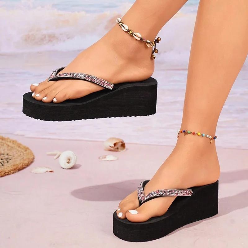Fashion Thick Sole Rhinestone Beach Flip Flops for Women Summer Fashion Clip Toe Wedge Sandals Woman Lightweight Platform Slippers 36-42
