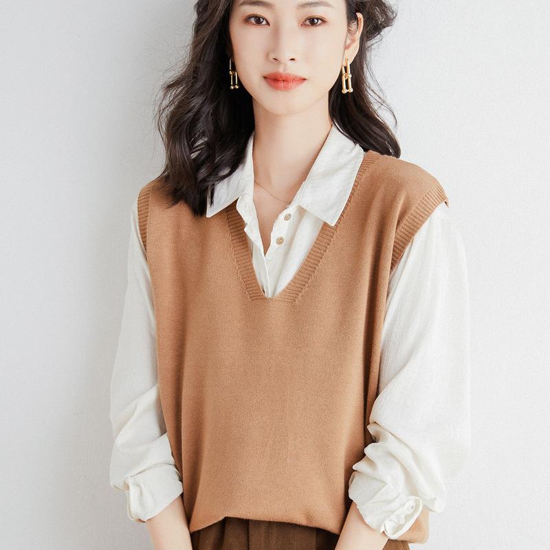 DAFIFY Women's Fashion Casual Spring Fall Solid Color Print Sleeveless V-Neck Blouses & Shirts