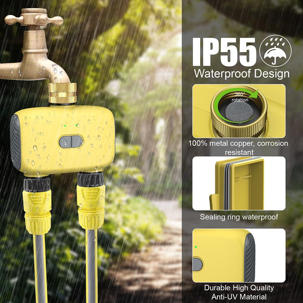 2 Outlets Bluetooth Garden Water Timer IP55 Waterproof Multi-Functional Automatic Irrigation Timer Rain Delay Manual Auto Mode