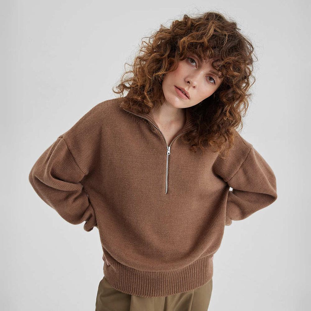 

Вязаный женский свитер, воротник-стойка, рукава со спущенной линией плеча, свободный оверсайз, молнии, пушистый пуловер, осенний повседневный джемпер L кофейный