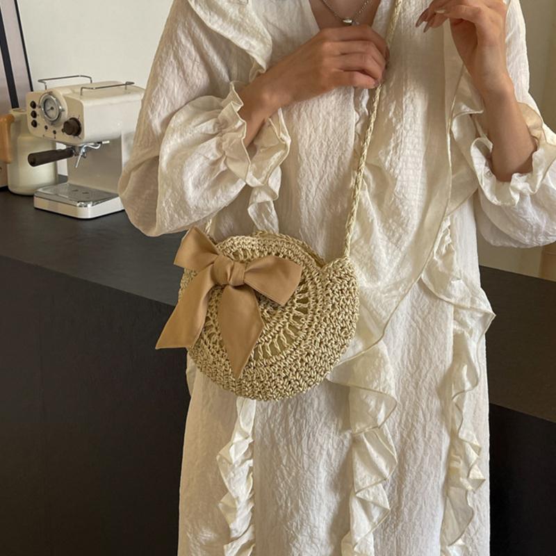 Sommer Kleine Stroh Schulter Umhängetaschen Handgefertigt Strand Handtaschen Schleife Gewebte Tragetasche Runde Umhängetasche Clutch