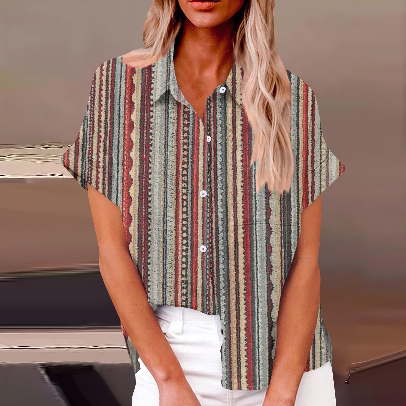 

Женский модный повседневный топ на пуговицах с рукавом 3/4 в горизонтальную полоску с принтом и лацканами L серый