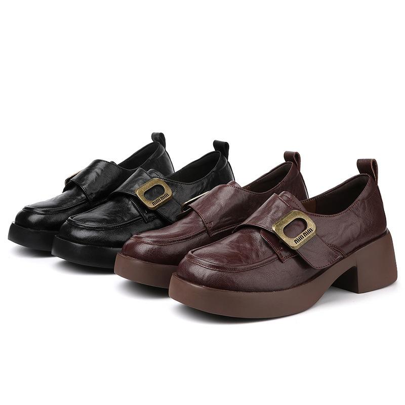 British Fashion Women's Loafers 2025 Autumn New Soft Leather Round Head Platform Shoes Thick Heel Retro Small Leather Shoes