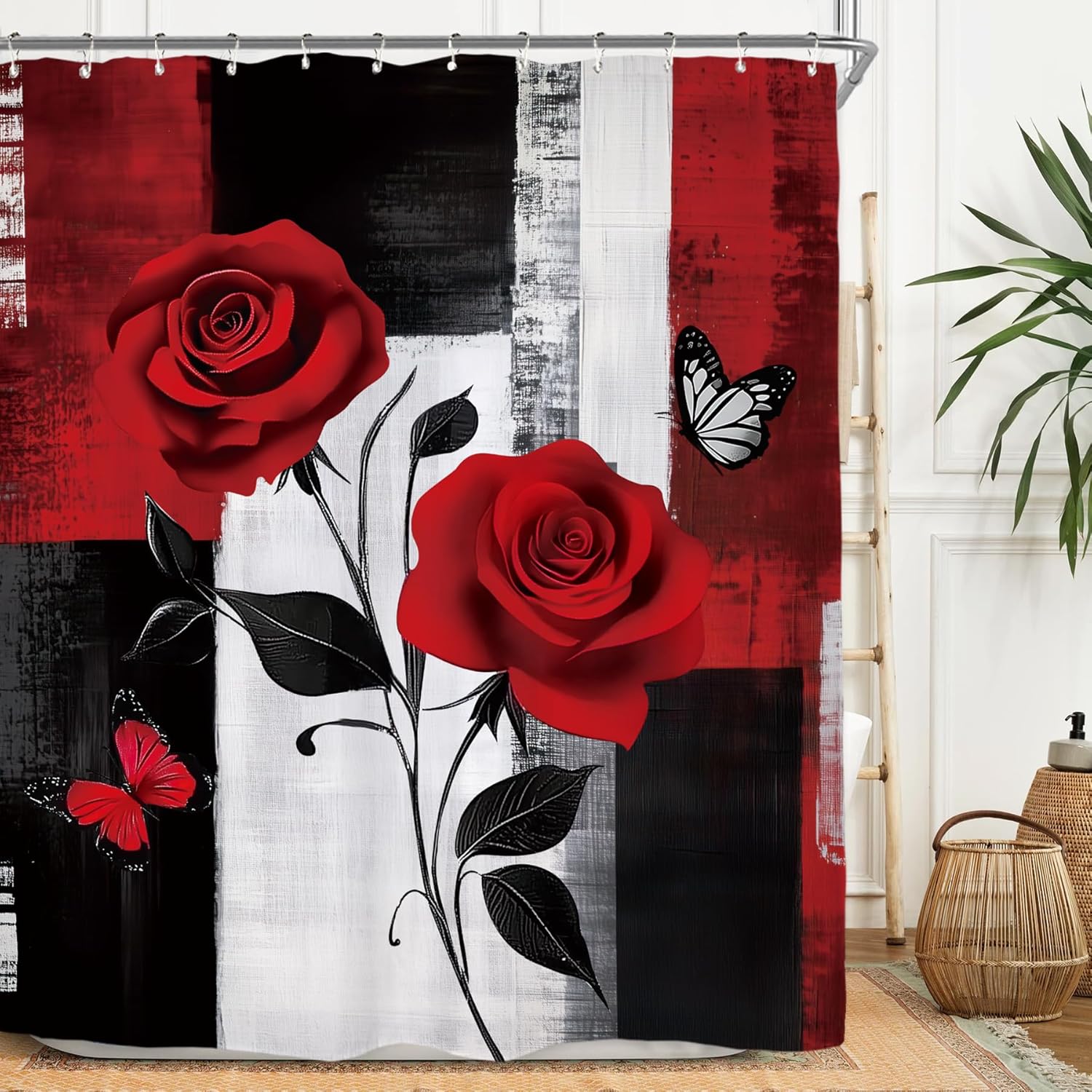 

Abstract Black Red Rose Shower Curtain Modern Brushstroke Minimalist Painting Art Bathroom Decor Hooks W60H190(CM)-1 Pcs