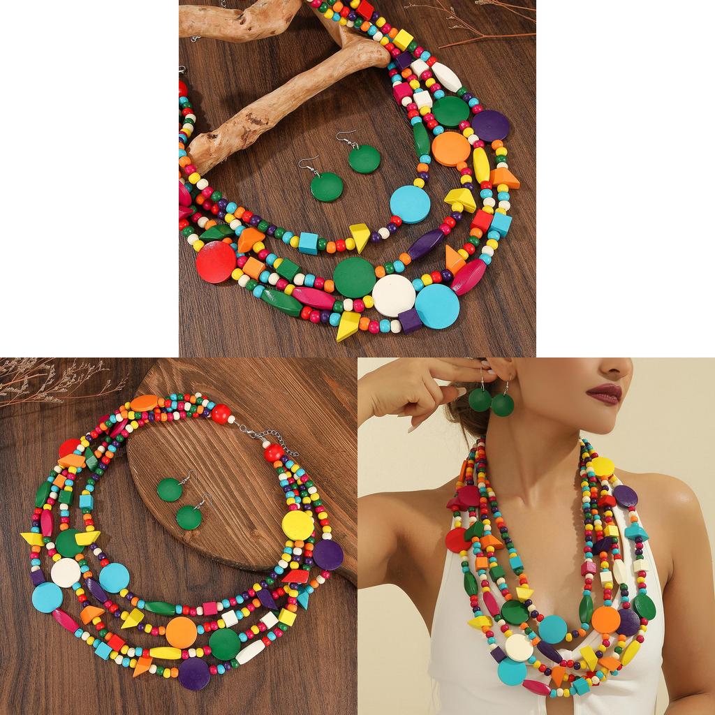 Collana multistrato colorata in legno con perline bohémien per donna