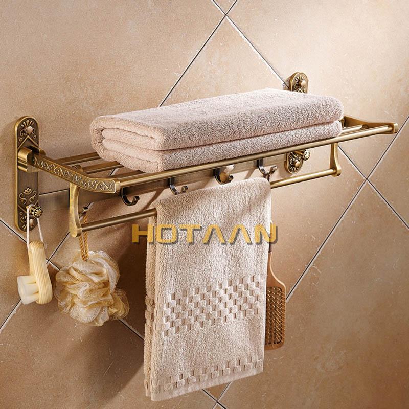 Faltbarer Handtuchhalter aus antiker Messing, Doppelregal Badezimmerhalter mit Haken, Platzsparende Badaccessoires zur Wandmontage