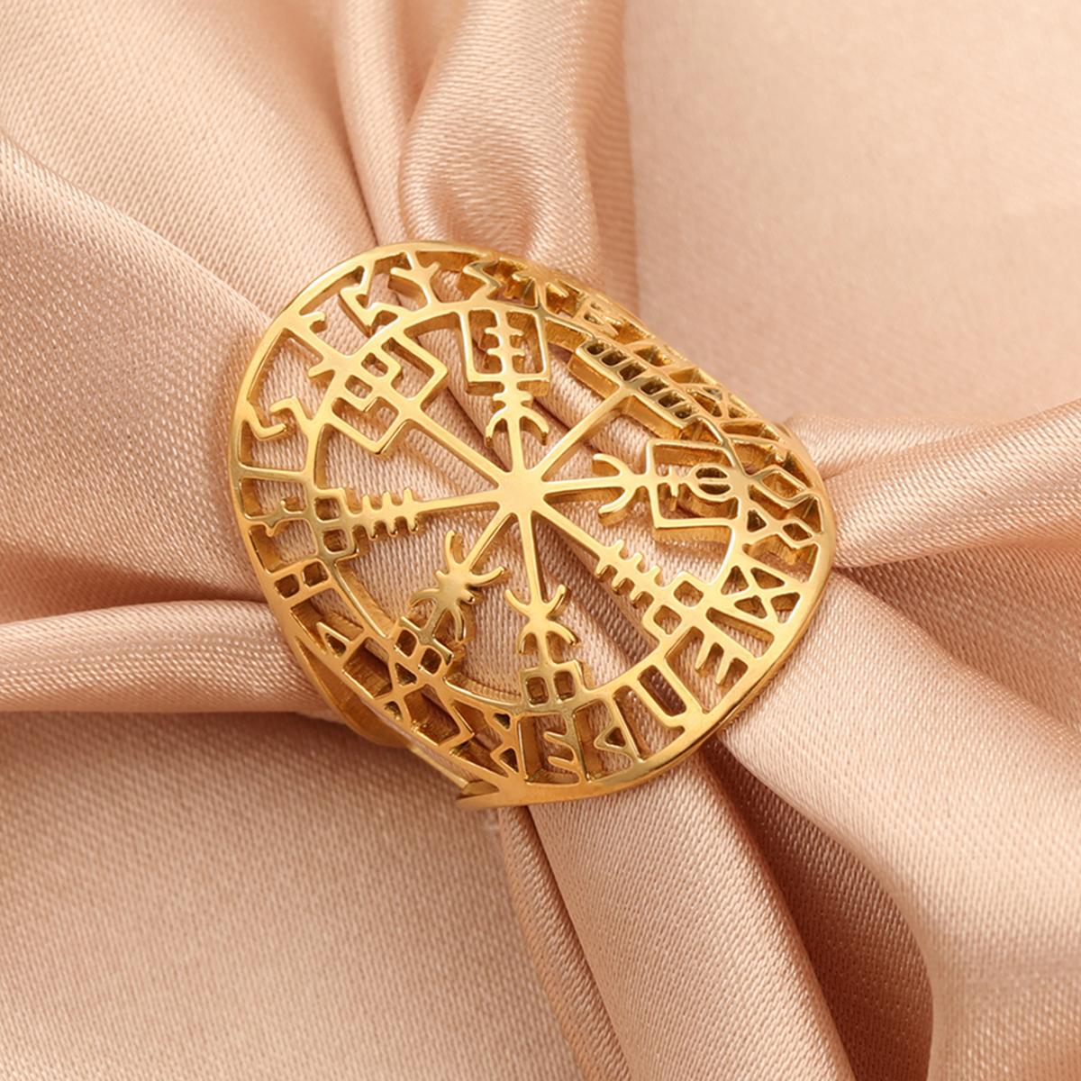 Bague Runes Viking Symbole Vegvisir Anneaux en Acier Inoxydable Boussole Bijoux Runes Nordiques Gladiateur Païen Asatru Cadeau Heathen resizable beige