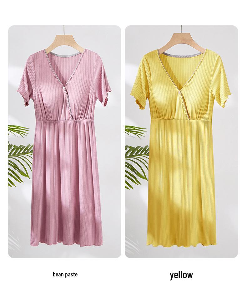 V-Neck Nursing Dress with Insertable Cups for Breastfeeding - Fashionable Postpartum Pajamas
