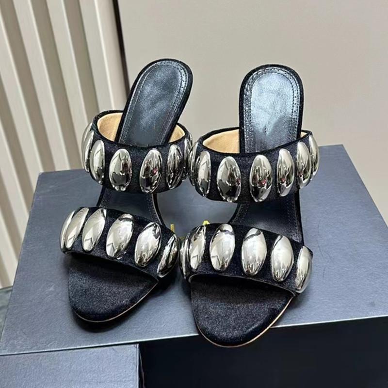 Fashion Star style Luxury Sequined Metal Rivet Decor Women Sandals Slippres Fashion Summer High Heels Mules Slides Female Party Shoes