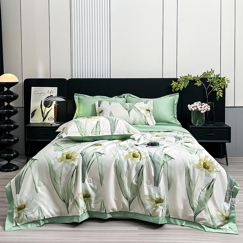 Floral Ice Silk Summer Quilt Cool Air Conditioner Washed Quilt Single Dormitory Thin Blanket King Size Luxury Bedding