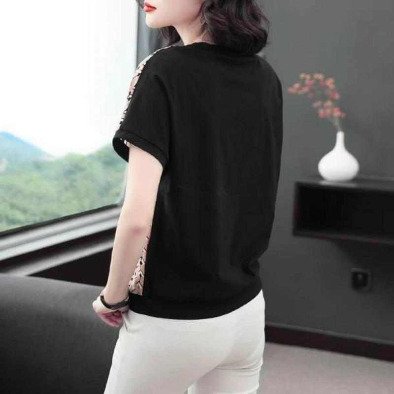 Women s Geometric Print Color Block Short Sleeve T-Shirt M чёрный