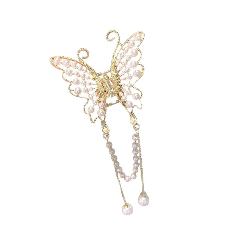 [J] Retro Hollow Butterfly Tassel Hairpin Korean Girl Rhinestone Ponytail Hair Claw Elegant Pearl Hair Accessories For Women