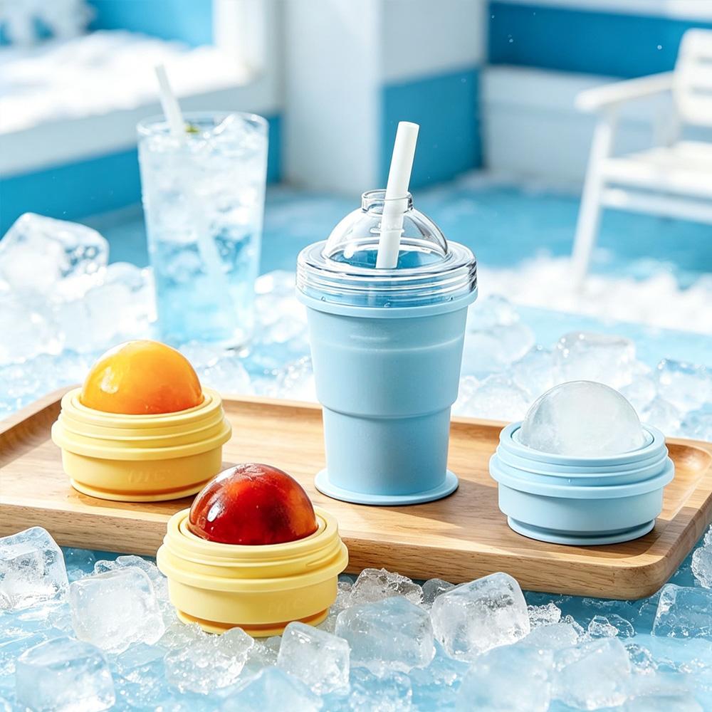Foldable Silicone Ice Cup with Straw, Creative Ice Ball Maker Mold for Outdoor & Travel Use