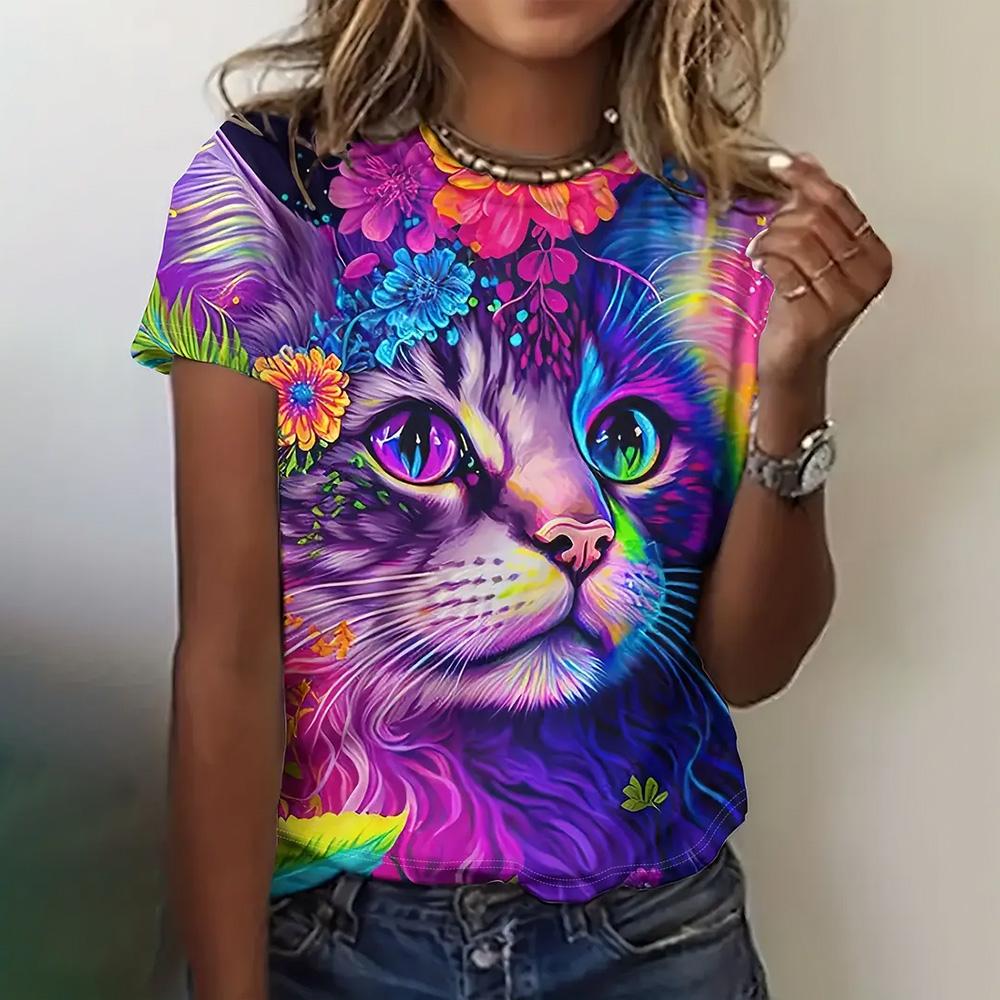 Women's Fashion 3D Abstract Cat Pattern Printed Short Sleeve Tops 2024 New Women's Clothing T-shirts Summer Loose Blouse Tees