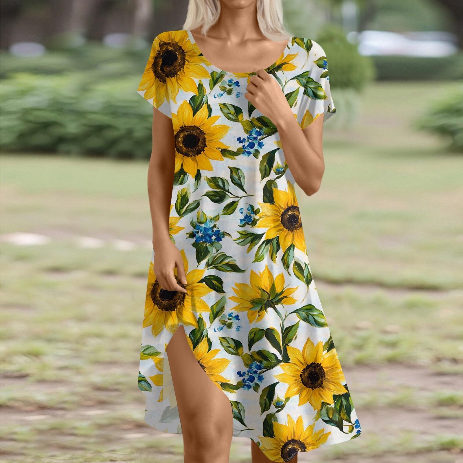 

Платье в стиле бохо с коротким рукавом для женщин, повседневное, свободного кроя, летнее, сарафан с цветочным принтом и карманами XL