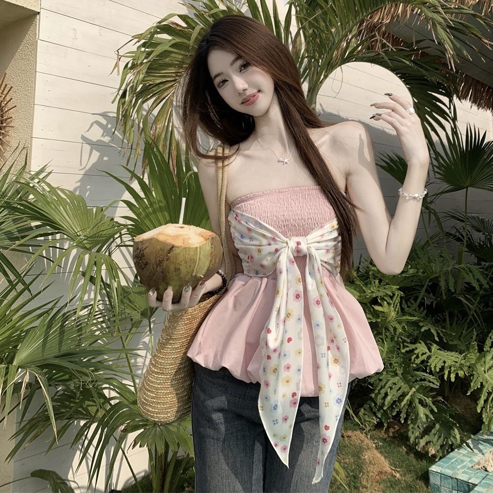 Pink Bow Tube Top Two Wear Women's Summer Pure Desire Sweet and Spicy Style Small Man Chest Wrap Inside Top Outside Wear