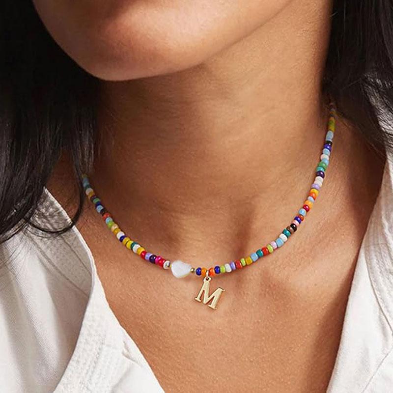 2026 New Colorful Beaded Initial Letter Necklaces for Girls Women Handmade Beads Choker Bohemian Necklace Jewelry Gift Wholesale