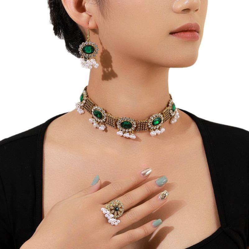 Earrings, Rings, and Necklace Set - Women's Bohemian Style Colorful Diamond-studded Tassel Jewelry Set