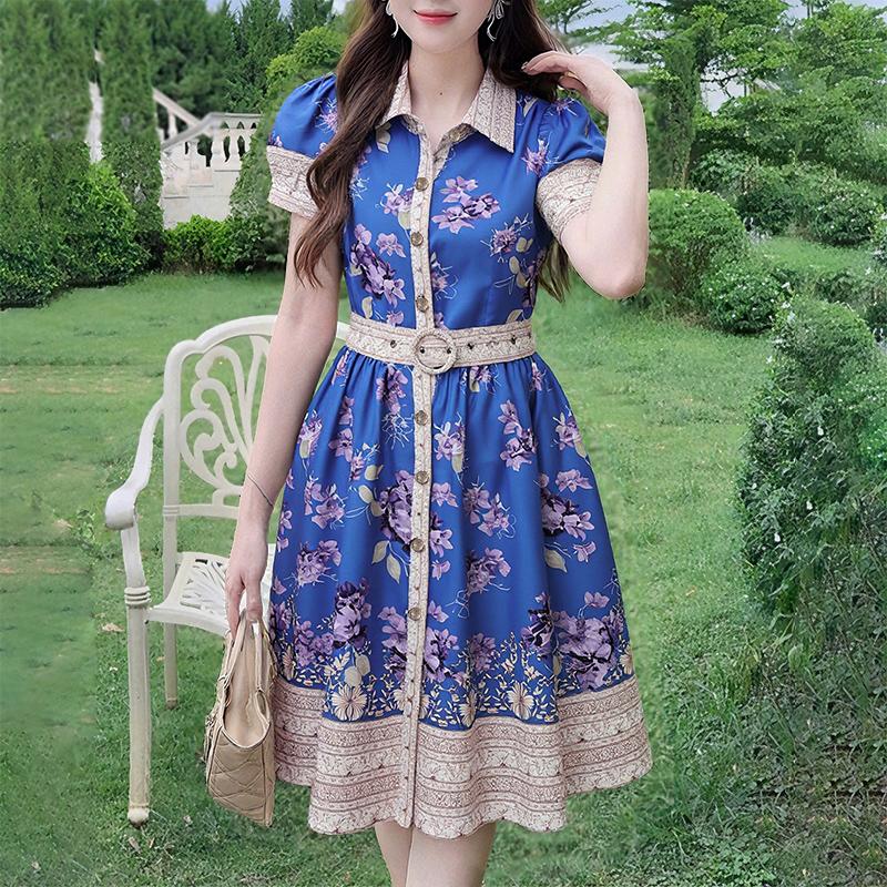 ZANZEA Women Turn Down Collar Summer Short Sleeve Casual Print Dress
