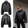 Women S Black Faux Leather Zip Up Stand Collar Long Sleeve Casual Coat