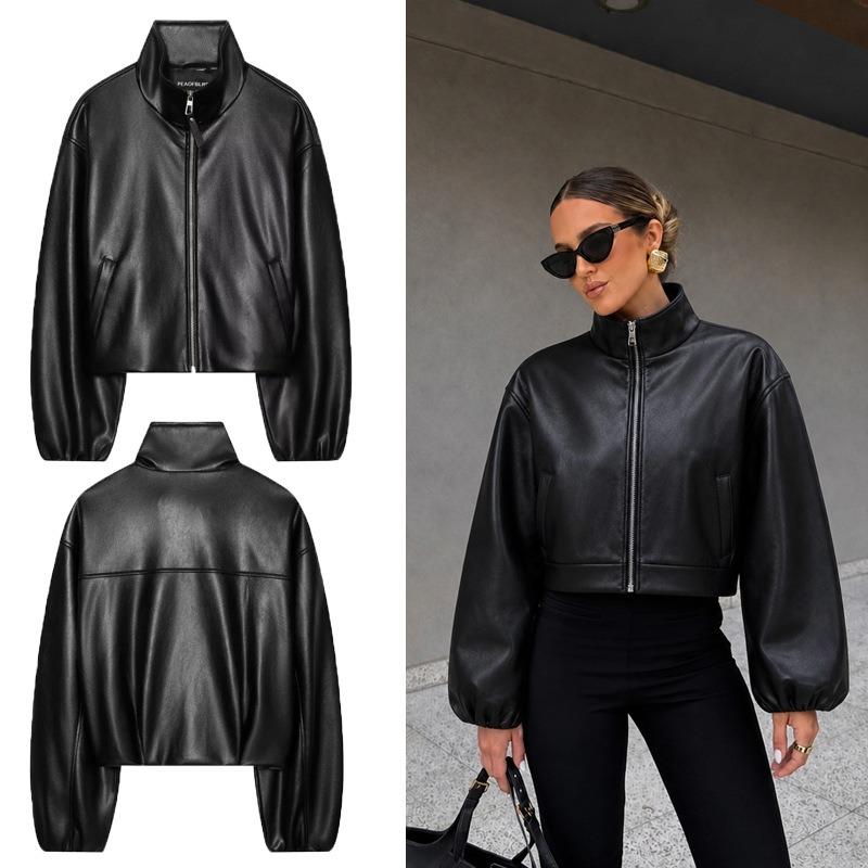 Women S Black Faux Leather Zip Up Stand Collar Long Sleeve Casual Coat