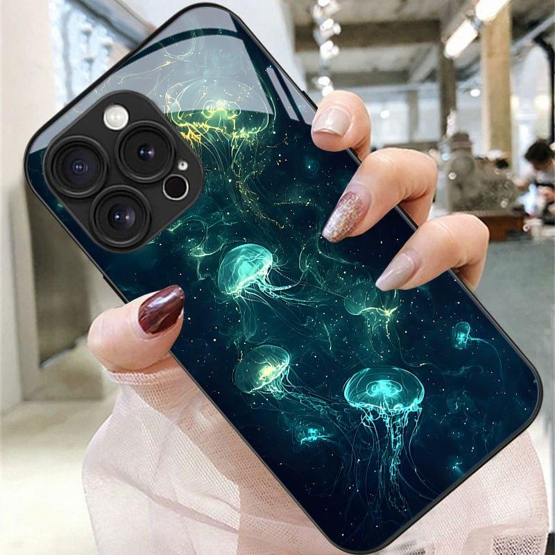 Deep Sea Fluorescent Jellyfish Tempered Glass Phone Case For Samsung Galaxy S23 S24 S25 S26 Ultra Plus FE Shockproof Cover