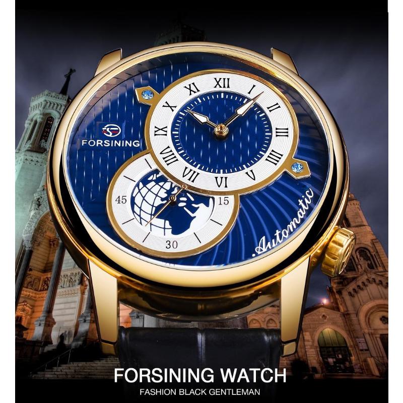 Forsining Men' S Mechanical Watch Fashion Double Dial Automatic Winding Men Wristwatches Sport Genuine Leather Clock For Man
