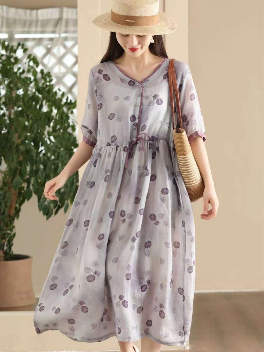 

Женское винтажное платье с цветочным принтом Johnature, высококачественное летнее платье А-силуэта с V-образным вырезом и короткими рукавами и высокой талией One Size