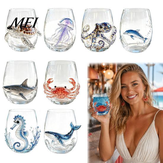 Handgeblasenes Borosilikatglas Oktopus Glasbecher, 350ml Stielloses Weinglas, Wal Delfin Schildkröte Geschenke für Meeresliebhaber Meeresbewohner