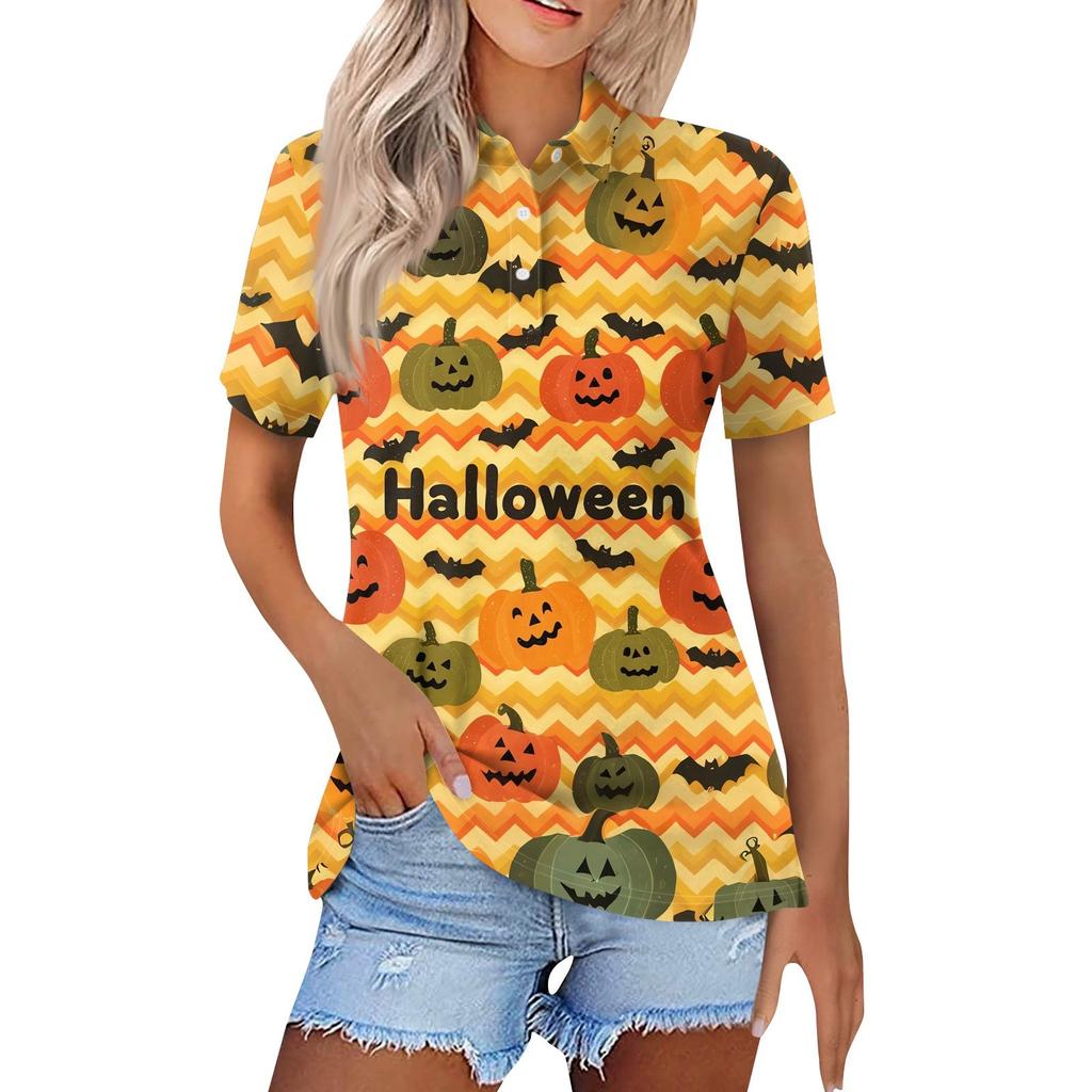 Damenmode Lässig Revers Kurzarm Halloween-Print Hemd Damen Button-Up Oberteile