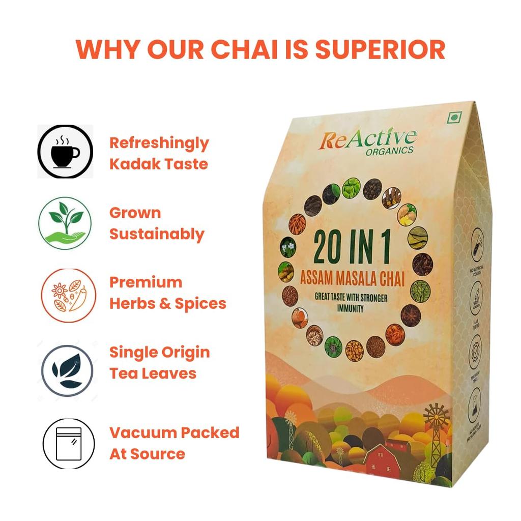 ReActive Organics 20 IN 1 Assam Masala Tea 200g | Strong Kadak Chai | Premium Assam CTC Black Tea with 20 Real Indian Spices | No Artificial
