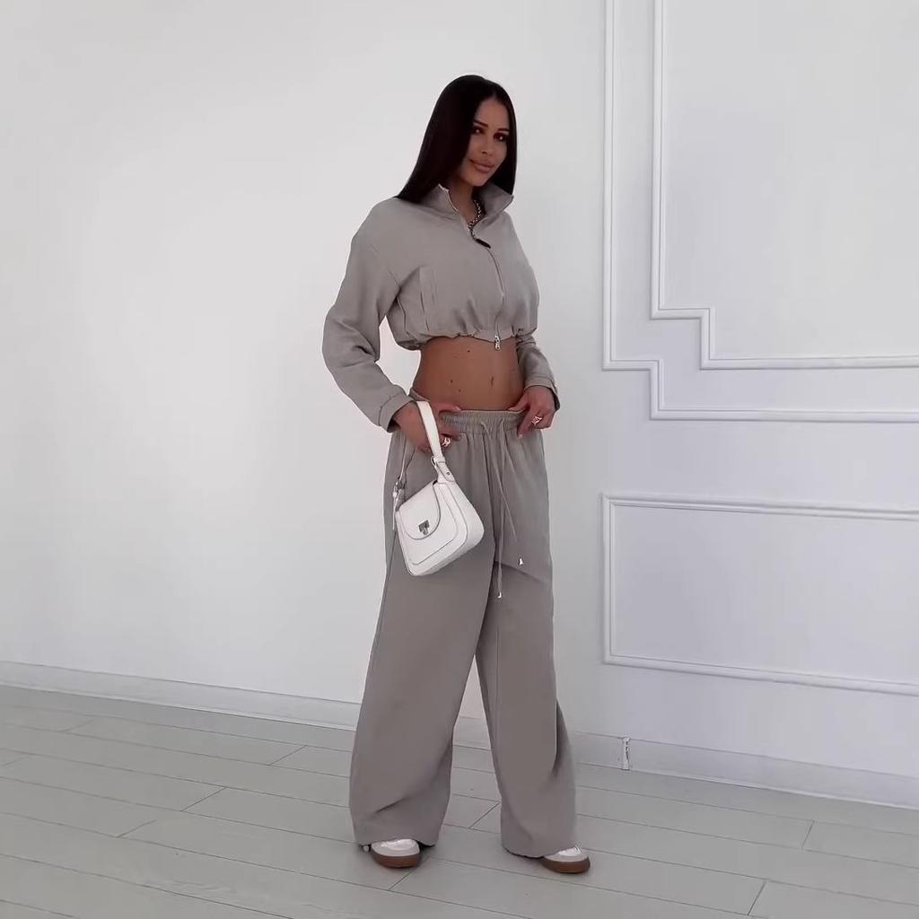 26 Europe, America, Amazon cross-border women's clothing new casual sports style zipper short top wide-leg pants set
