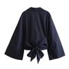 New Women's Fashion Casual Polo Neck Bow Tie Up Short Edition Double Breasted Poplin Shirt