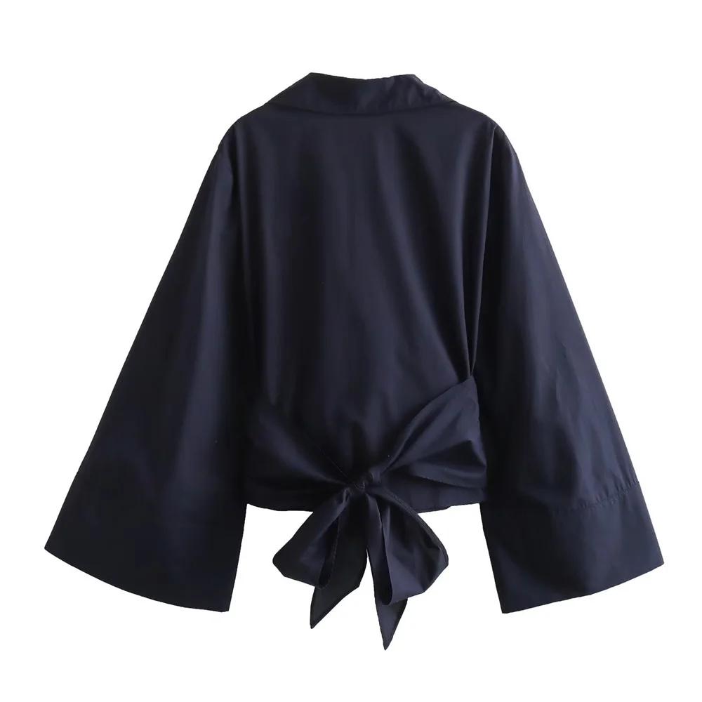 New Women's Fashion Casual Polo Neck Bow Tie Up Short Edition Double Breasted Poplin Shirt