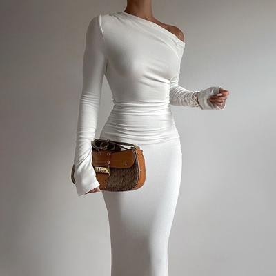 Autumn Socialite Ethos Elegant Slim Body Oblique Shoulder Conventional Waist Dress Woman