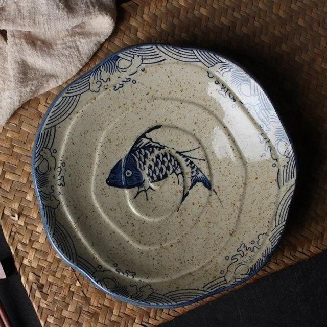 Japanese Fish Print Ceramic Tableware Special-shaped Large Ceramic Dinner Plate Dishes Bowl For Rectangular Household Hotels