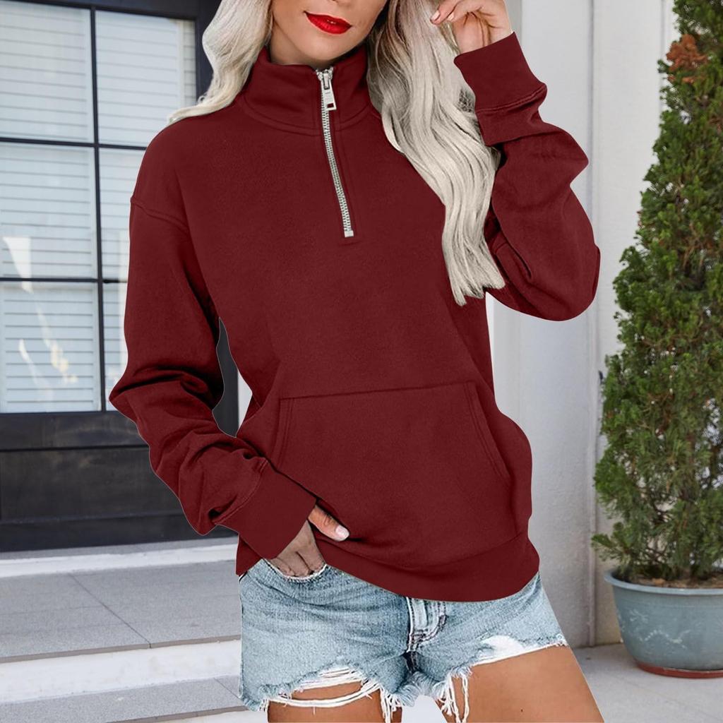 Women's Loose Fit Zip Up Sweatshirt Color Round Neck Long Sleeve Top