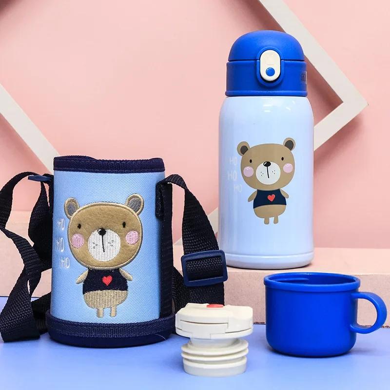 Cartoon Children's Straw Water Cup Strap Bouncing Cup Children's Vacuum Double-lid Double-layer Stainless Steel Vacuum Flask