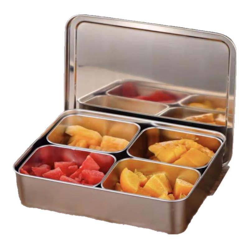 Qianxing Stainless Steel 4-Compartment Condiment Set with Lids & Spoons, 3 Pack