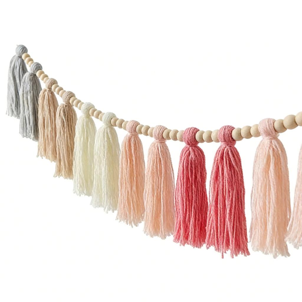 Boho Tassel Garland with Wood Beads Wall Hanging Tassel Banner for Classroom Bedroom Nursery Decoration Roseate