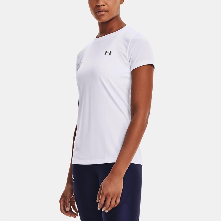 Under Armour Solid Color Logo Print Round Neck Breathable Training Sports Tight Comfortable Short Sleeve T-Shirt Women tops White 1277207-100
