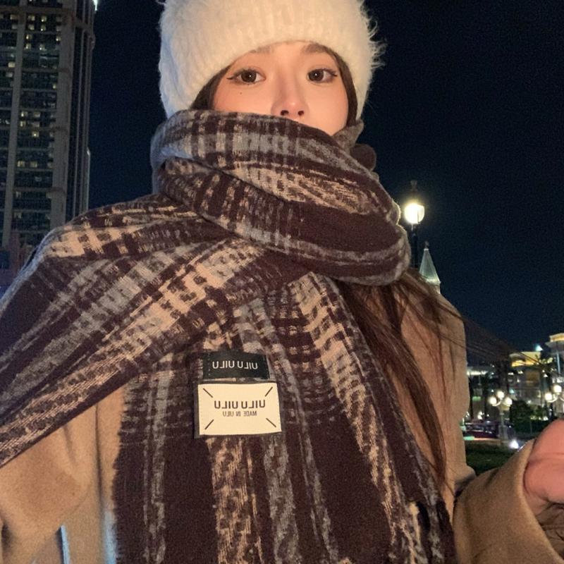 Women Retro Plaid Knitted Scarf Headscarf Ladies Casual Sweet Tassel Warm Scarve Mujer Wrap Shawl Student Young Girl New Winter