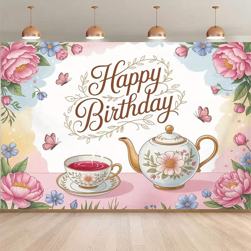 2D Flat Tea Party Happy Birthday Banner Floral Teacup & Butterfly Backdrop for Garden Tea Party