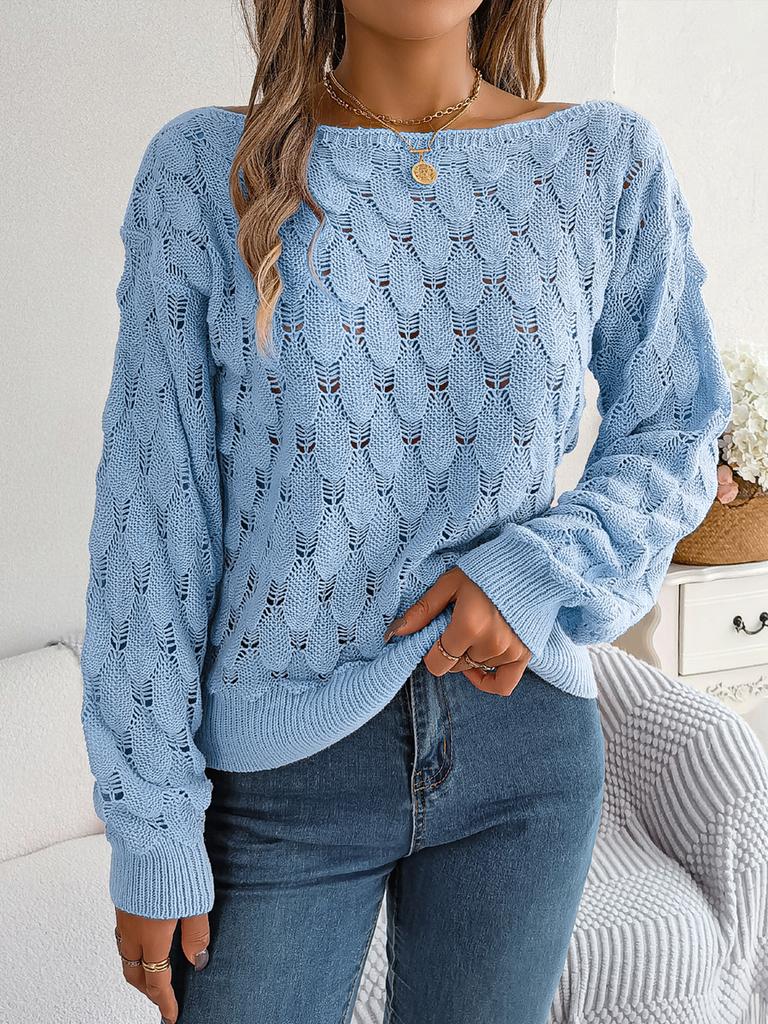Herbst Winter Lässig Hohl Ein-Schulter Laternenärmel Strickpullover Damenbekleidung