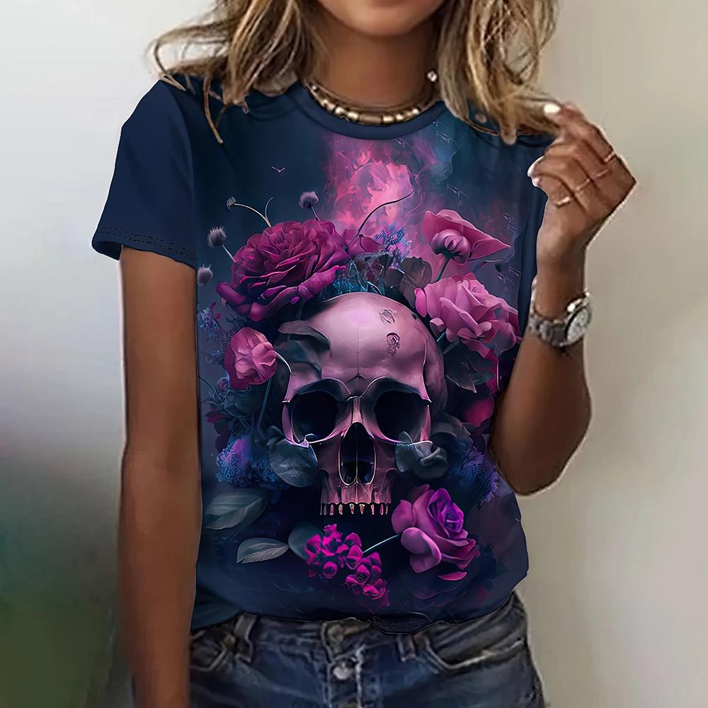 Women's 3D skull print retro T-shirt, round neck short sleeved T-shirt, Harajuku Y2K large T-shirt, women's clothing