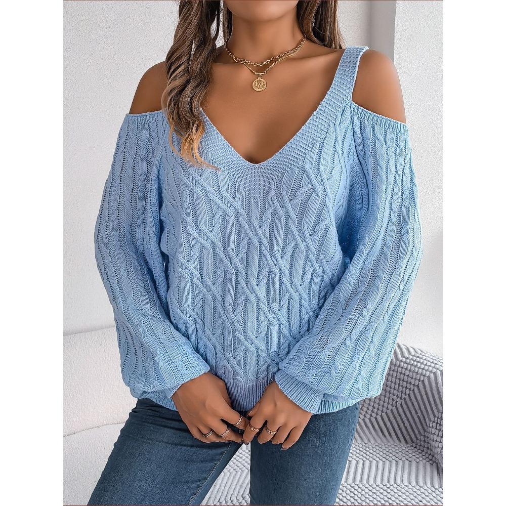 Women's Sweatshirt - Versatile Casual Solid Colour Cable-Knit Off-the-Shoulder Bell-Sleeve Knitwear