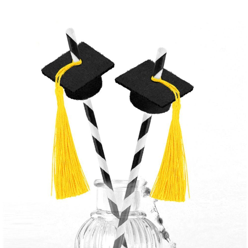 

10pcs Paper Graduation Party Straw with Tassel Disposable Straws Dr. Fringe Hat Straw Cocktail жовтий