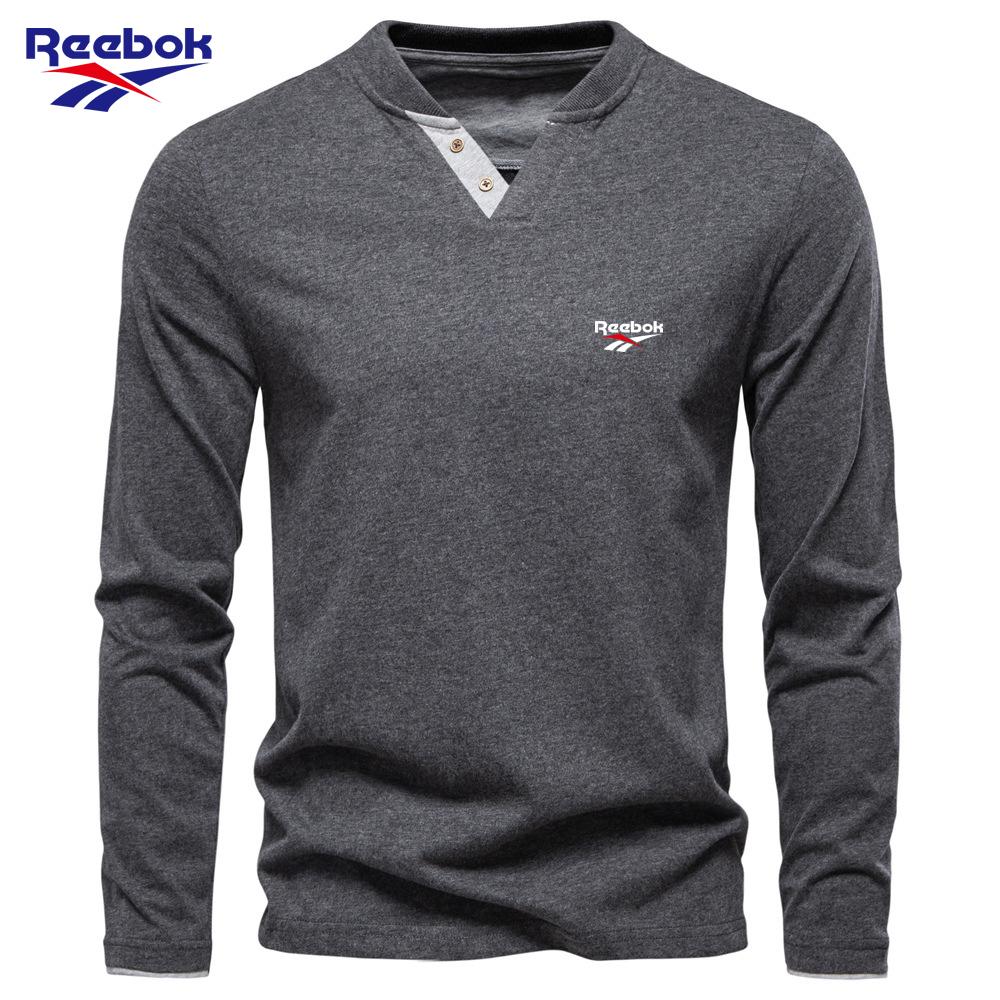 Reebok 2026 Autumn New Embroidery Men s Fashion Color Cotton Solid Color Long Sleeve T-shirt V-neck Casual Men s Top T-shirt S